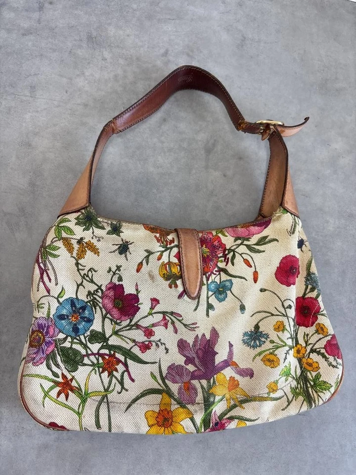 Gucci One Shoulder Bag Handbag White New Jackie Flora Floral Canvas Leather Used - Image 2 of 4
