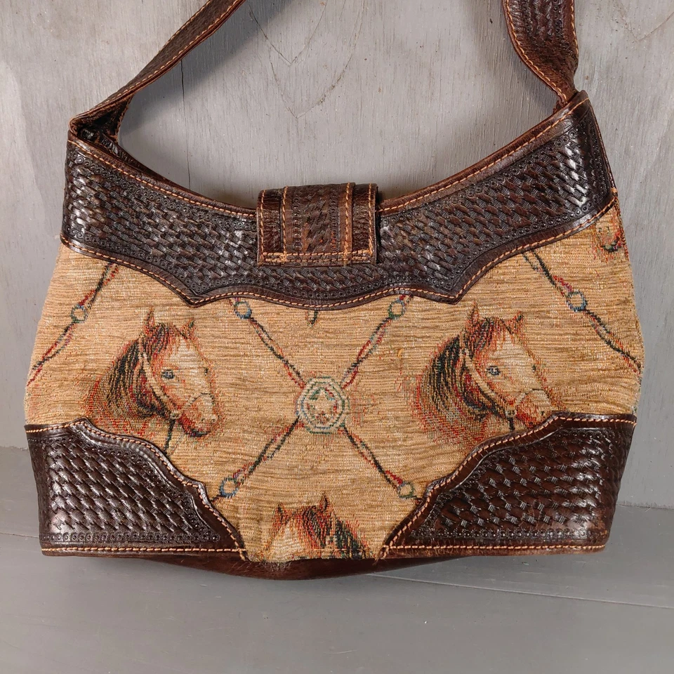 De Colección American West Cuero Tooled Western Bolso de Mano Tapiz Caballo Cartera Cartera Cartera Foto 3 de 4