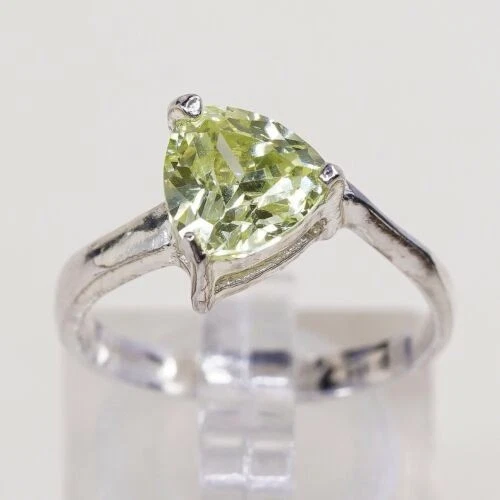 Sz 7, Vtg Sterling Ring, 925 Silver Engagement Ring W/ Lime Green CZ