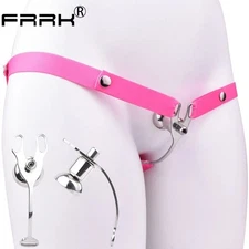 FRRK Male Chastity  Cage Lock Device With Pink Chastity Belt Restraint  234
