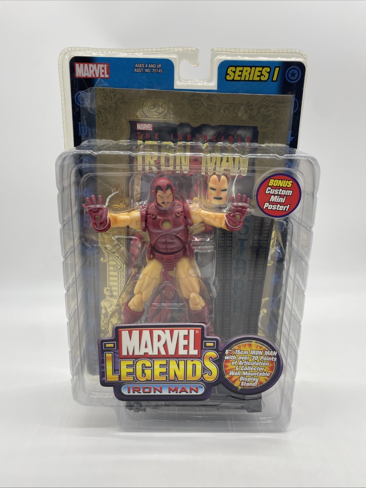 Toybiz Marvel Legends Series 1 Iron Man 2002 NIB comic book & display stand 