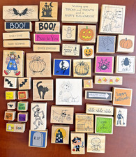 Halloween Wood Mounted Rubber Stamp Lot of 48 Skeleton Cat Pumpkin Ghost Witch