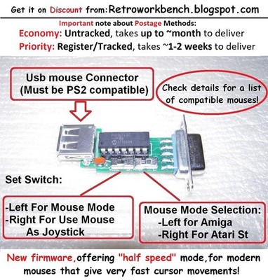 USB PS2 Mouse Adapter -  Atari ST Amiga Amstrad Commodore 9pin DB9 Joystick Port