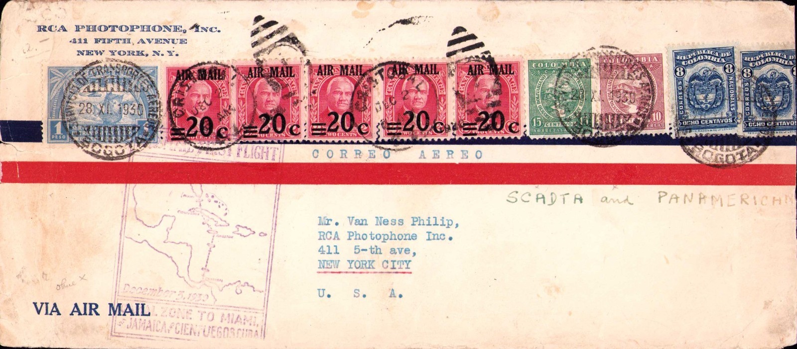 COLOMBIA - USA - SCADTA - 1.25p FF COVER - BOGOTA - CRISTOBAL - NY - 1930 RR