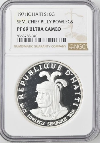 1971 C HAITI Silver 10 GOURDES NGC PF-69 SEM. CHIEF BILLY BOWLEGS