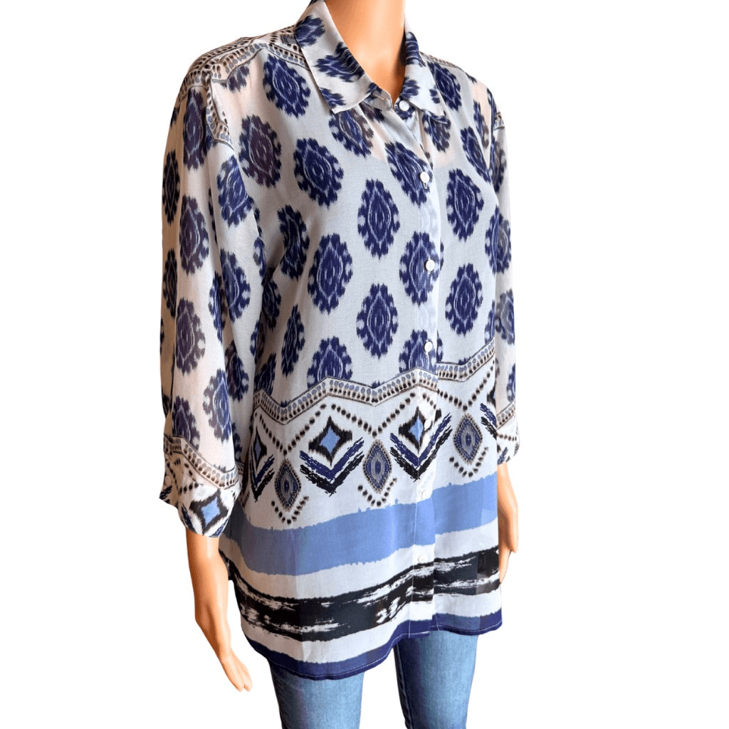 Chico's Sheer Blue White Patterned Button Front B… - image 3