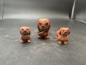 Vintage 3 Wood Carved Maltese Mama Dog & Puppies on Chain Figurines