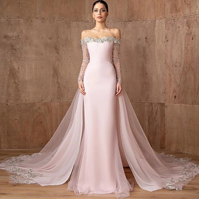 Tulle Boat Neck Beading Appliques Evening Dress Long Sleeves Elegant Bridal Gown