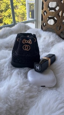 Mini Black Tweed Bucket Drawstring Bag Gold Chain Logo Accent
