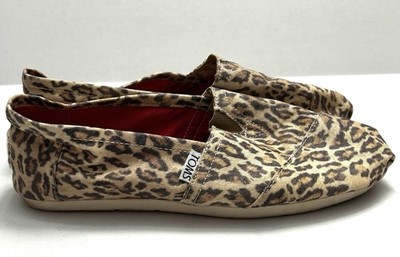 TOMS Alpargata Womens 7.5 Tan Leopard Print Slip On Shoes Leather Sole Gold Logo