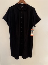 Well Worn Women's Linen Buttoned Blend Casual Dress Black With Side Pockets XXL