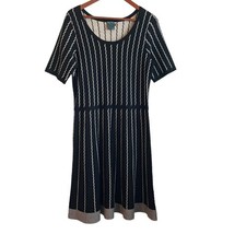 Gabby Skye Women Sweater Dress 1X Black Tan Stripe Swing Hem Trendy Office