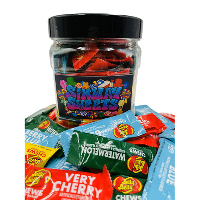 Taffy Chews verschiedene Früchte 590g Glas ~62 einzeln verpackte Stücke wiederverwendbar USA