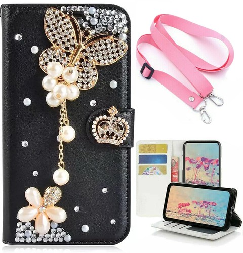 Girl/Women Card Holder PU Leather Wallet Bling Diamond Phone Strap Case For Sony - Picture 8 of 14