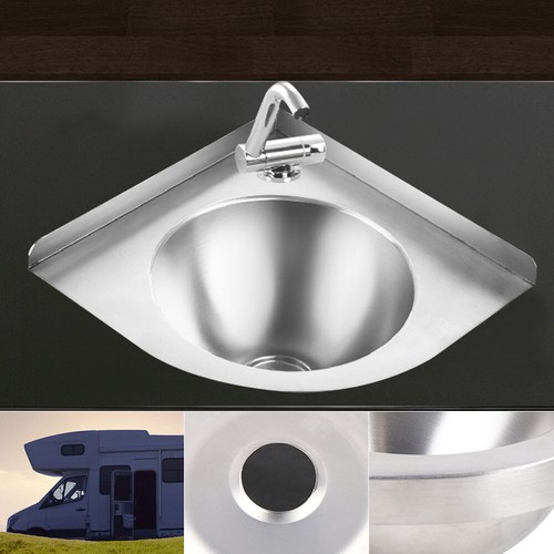 RV Caravan Camper Stainless Steel Hand Wash Basin Kitchen Triangular Sink+Faucet - Picture 4 of 21