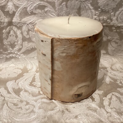 Pottery Barn Birch Bark Real Wax Pillar Candle Unscented 4X4 Cabin Holiday Decor