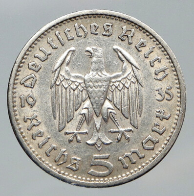 1935 Germany 2nd President Paul von Hindenburg Silver German 5