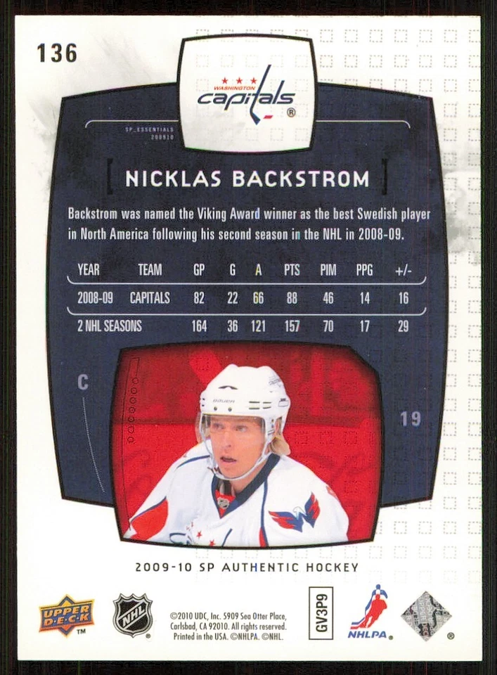 2009-10 SP Authentic #136 Nicklas Backstrom ESS /1999 - Image 2 of 2
