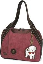 New Chala Bowling Tote Large Bag Pleather  Burgundy Red Poodle White Dog Vegan