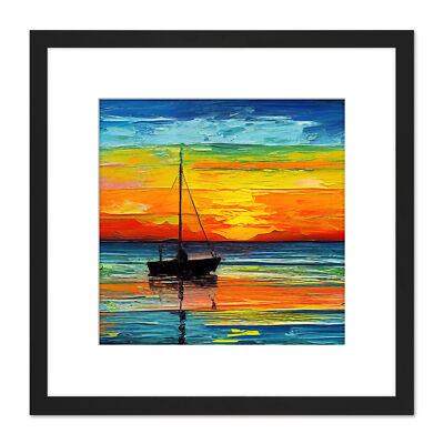 Meer Boot im Sonnenuntergang Meereslandschaft lebendig Öl Quadrat gerahmter Wandkunstdruck 8 x 8 Zoll