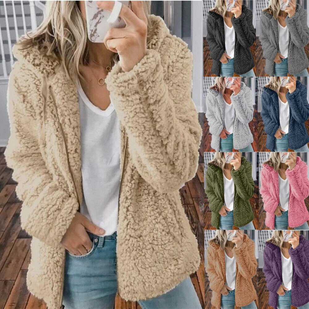 Womens Teddy Bear Fluffy Coat Zip Up Winter Cardigan Fleece Hoody Jacket  Outwear | eBay