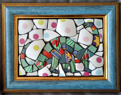 Unikat Handarbeit Dinosaurier Diplodocus Mosaik Bild Wandbild Pique Assiette China