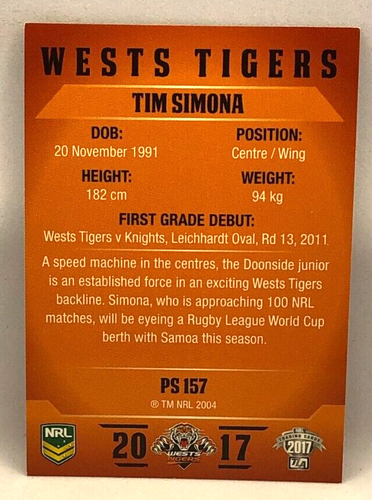 2017 NRL Traders Parallel #PS157 Tim Simona Wests Tigers - Picture 2 of 2