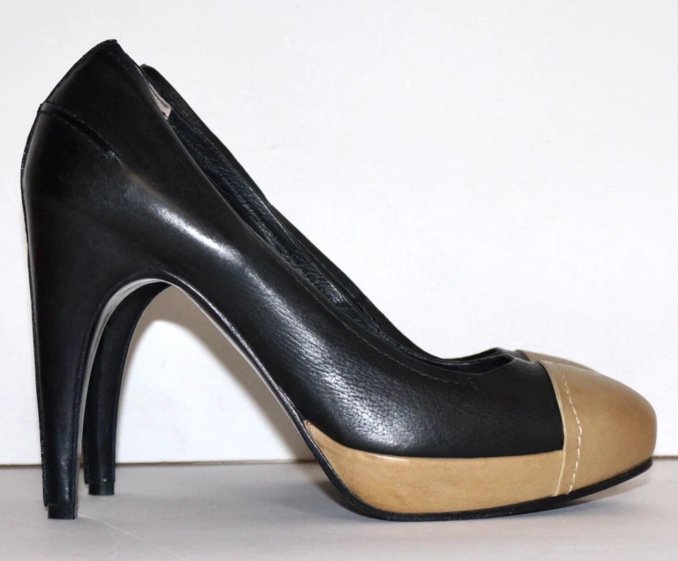 COSTUME NATIONAL Black & Beige Leather Platform Pumps EUR 39 ITALY - Image 2 of 4