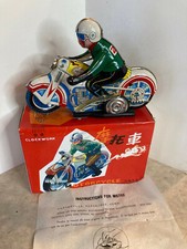 Vintage Motorcycle Clockwork Wind-Up Litho Tin Toy China with Original box