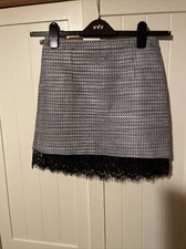 TOPSHOP Ladies Short Mini Skirt UK Size 6 Black Stripe Cotton Blend Lace Trim