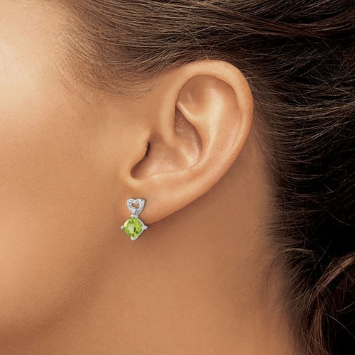 14K Solid White Gold Peridot Diamond Heart Dangle Earrings - Picture 2 of 4