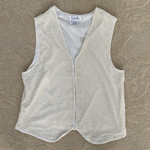 Rafaella Silk Vest Creme Beaded Collarless V-Neck Hook Eye Embellished Size S - Picture 3 of 11