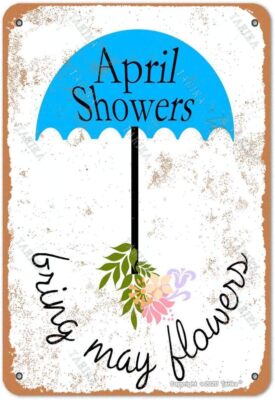 QSHPO April Showers Sign Bring May Flowers Spring Home Room Wall Tin Metal Signs