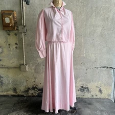 Antique Edwardian Pink Polka Dot Calico Print 2Piece Dress Balloon Sleeves VTG