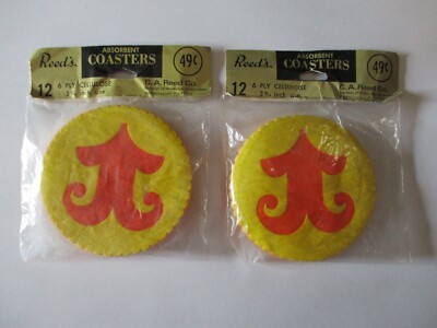 2 Reed's Absorbent Cellulose Coasters 12 per Pkg Orange Yellow 1970's NOS