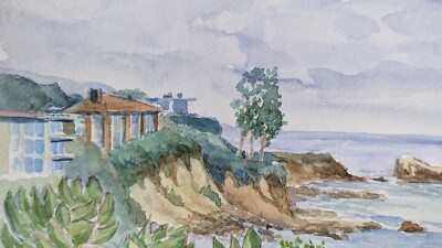 Cloudy Little Corona Beach Original Watercolor  RAMfish Artist Newport  12''x9''