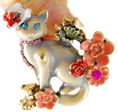 2'' DESIGNER STYLE TEA PARTY CAT ADORNED w/ TOP HAT, FLOWERS & RHINESTONES BROOCH
