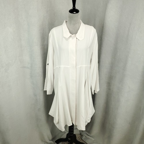 IC by Connie K Longline Tunika Kleid Damen XL weiß versteckte Knopfleiste Taschen - Bild 2 von 13