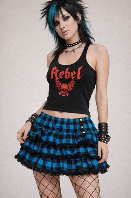 Blue Black Checkered Tiered Ruffle Mini Skirt Lace Trim Punk Goth Scene