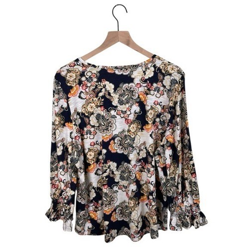 T-shirt Chico's astratta smocked manica 3/4 blu navy avorio floreale taglia 3 - XL - Foto 2 di 7