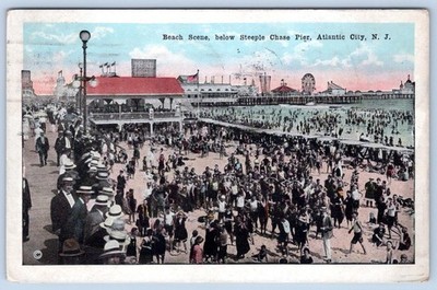 1922 BEACH SCENE below STEEPLE CHASE PIER ATLANTIC CITY NJ ANTIQUE POSTCARD