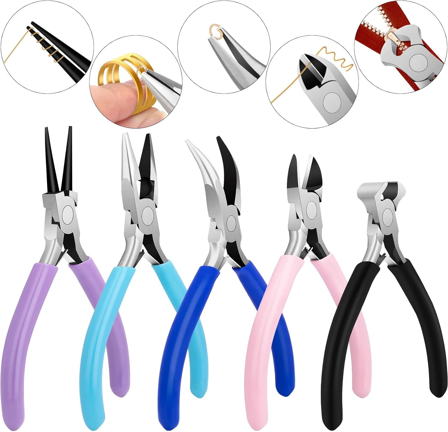 5 Pack Jewelry Pliers Tool Set, Includes Round, Chain, Needle, Bent & Zipper Pli