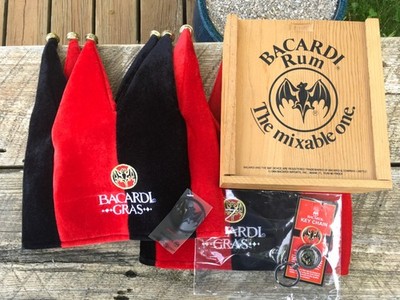BACARDI Rum Mardi Gras Joker/Jester Hats/Keychain/Keyring/Wood/Wooden Box *LOT*