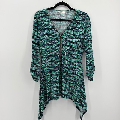 Chaus New York Womens Abstract Print Zip Front Tunic Top Green Blue Black M