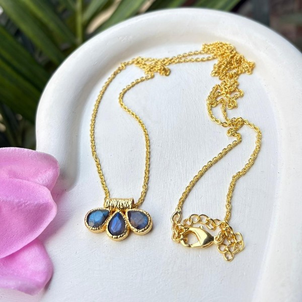 Alternate view of Blue Fire Labradorite Gold Plated Three Stone Pendant Chain Necklace