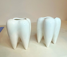 Set of 2 White Ceramic Tooth-Shaped Toothbrush Holders, Glossy Free Standing