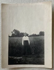 Vintage Photo Serious Woman Long Skirt Farm Crop Black & White 4.25" x 3.5"