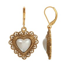 1928 Jewelry Faux Pearl Heart Filigree Drop Earrings, White