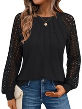 Women's Womens Pleated Lace Long Sleeve Top Black, Small