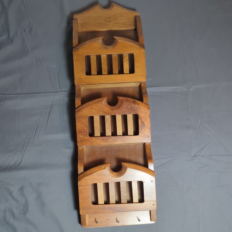 Vintage 3 Tier Wood Wall Organizer Letter Holder with 3 Hooks at Borrom